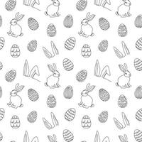 Seamless pattern of hand-drawn rabbits, ears, Easter eggs. Festive Easter bunnies design. Continuous line art. Isolated on white backdrop. Easter decoration, wrapping paper, greeting, textile, print vector