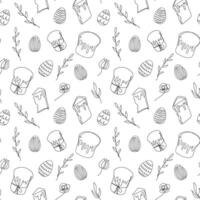 Seamless pattern of Easter eggs, Easter Kulich cakes, floral elements. Black and white. Line art. White backdrop. Festive design. Easter decoration, wrapping paper, greeting, textile, print vector