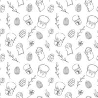 Seamless pattern of Easter eggs, Easter Kulich cakes, floral elements. Black and white. Line art. White backdrop. Festive design. Easter decoration, wrapping paper, greeting, textile, print vector