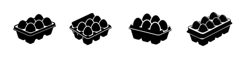 Set of Egg cartons with eggs. Black silhouettes. Black and white egg boxes graphic illustration. Icon, sign, pictogram. Concept of food storage, kitchen essentials, grocery. Isolated on white backdrop vector