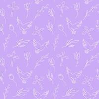 Seamless pattern with Christian symbols. Continuous one line drawing of crosses, doves, floral elements on purple background. Concept of Easter, religious, peace. Wrapping paper, textile, print vector
