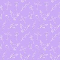 Seamless pattern with Christian symbols. Continuous one line drawing of crosses, doves, floral elements on purple background. Concept of Easter, religious, peace. Wrapping paper, textile, print vector