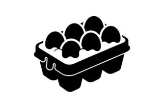 Silhouette of egg carton with eggs. Black and white egg box graphic illustration. Icon, sign, pictogram. Concept of food storage, kitchen essentials, grocery items. Isolated on white backdrop vector