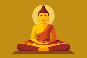 Buddha meditating on lotus position. Symbol of Buddhism. Concept of enlightenment, meditation, Zen, religion, spiritual awakening, inner peace, tranquility. Yellow background. Graphic art vector