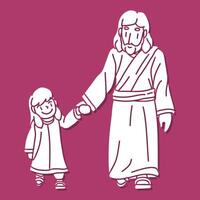 Jesús caminado participación el mano de un pequeño niña lleno con calor amor y paz seguir Jesús vector