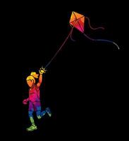 pintada un niña corriendo mosca un cometa niño jugando vector