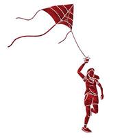 Silhouette A Girl Running Fly a Kite Child Playing Cartoon vector