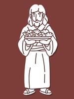 Jesús sostiene cinco panes y dos pescado dibujos animados gráfico vector