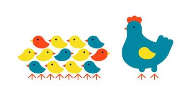Bunch of cute newly hatched chicks with mother hen. Flat illustration isolated on white. vector