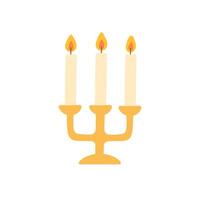 Burning candles in three-arm candlestick. Flat color illustration isolated on white background. vector