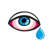 Eye with a single tear. Crying eye turn red. Eyes deseases. Allergic eye. vector