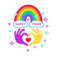 Pride congratulation card. Color rainbow with clouds and sparkles and heart shape made with hands. vector