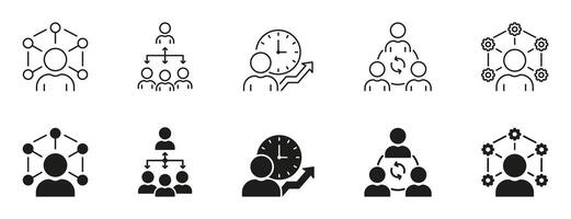 Teamwork In Business Line and Silhouette Icon Set. Project Management Black Pictogram. Organization Strategy Symbol Collection. Team Training Sign. Isolated Illustration vector