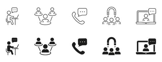 Participation And Support Line and Silhouette Icon Set. Employee Cooperation Black Pictogram. Teamwork On Meeting Symbol Collection. Partnership Sign. Isolated Illustration vector