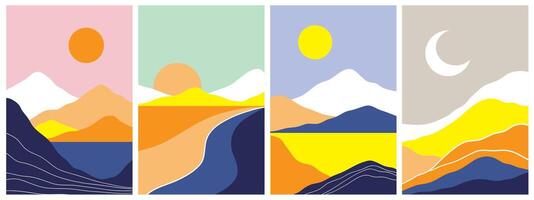 Collection of rectangular abstract landscapes. Moon, mountains. Japanese style. Modern layout, fashionable colors. Layout for social networks, banners, posters illustration vector