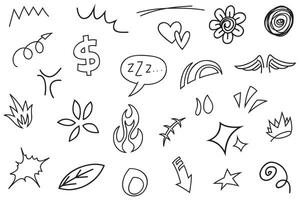 Hand drawn set elements, Abstract arrows, ribbons, hearts, stars, crowns and other elements in a hand drawn style for concept designs. Scribble illustration. vector