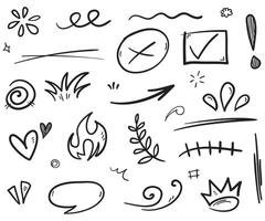 Hand drawn set elements, Abstract arrows, ribbons, hearts, stars, crowns and other elements in a hand drawn style for concept designs. Scribble illustration. vector