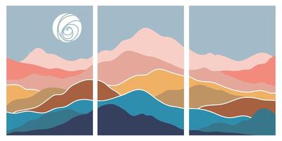 Collection of rectangular abstract landscapes. Moon, mountains. Japanese style. Modern layout, fashionable colors. Layout for social networks, banners, posters. vector