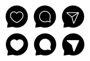 Like, comment, and share icon on speech bubbles. Social media elements vector