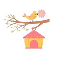 Cute bird with flower sitting on branch and birdhouse hanging. Springtime concept. vector