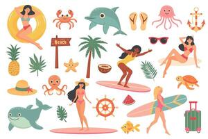 Nautical beach set. Surfing, cute sea animals, women in swimsuits, summer items, exotic plants. vector