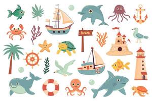 Nautical summer set. Cute sea animals, nautical elements, marine plants. Summer holidays, tropical vacation, maritime, sea coast, marine life, nautical concept. vector