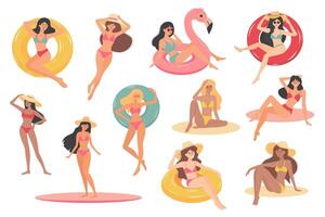 hermosa verano muchachas en trajes de baño con diferente piel colores. mujer en bikinis en inflable anillos, en un tabla de surf, broncearse, relajante. vector