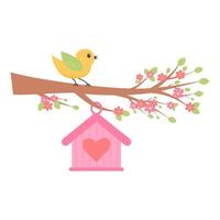 Cute bird siiting on the flower blooming branch and birdhouse hanging. Springtime concept. vector