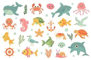 linda mar animales colocar. pez, salvaje marina animales y gracioso submarino criaturas dibujos animados plano ilustración. vector