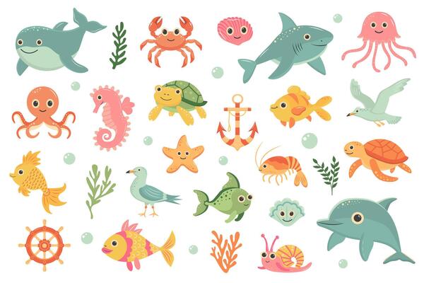 Cute sea animals set. Fish, wild marine animals and funny underwater creatures. cartoon flat illustration.