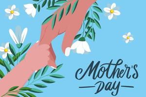 flat design happy mother's day with child hand and mom hand vector