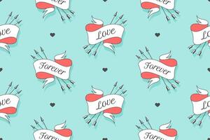 Seamless pattern with hearts and arrows on a turquoise backdrop vector