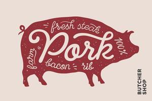 Trendy illustration with red pig silhouette and words Pork vector