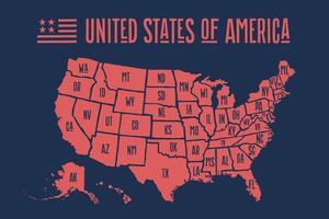 póster mapa unido estados de America con estado nombres vector