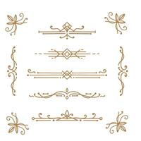 Gold vintage frames mega set in flat design. Bundle elements of abstract line classical decorative borders, dividers and templates square or circle forms. Vecto illustration isolated graphic objects vector