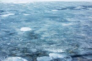 Ice surface of the river. Texture of ice shards and water. Winter background photo