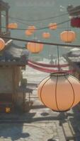 Lanterns hanging from a line over a street video