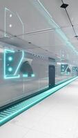 A futuristic laboratory hallway with neon lights and a sleek white floor video