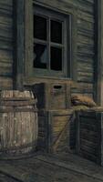 A rustic barn with a barrel in the doorway video