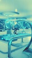 A futuristic laboratory with white plastic furniture and neon glass accents video