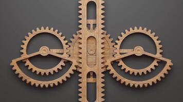 Looping animation of a group of wooden gears using a wooden gear rack. video