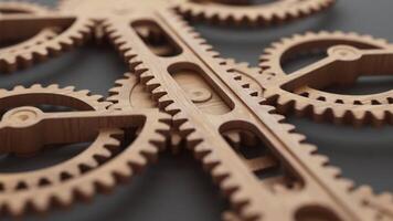 Looping animation of a group of wooden gears using a wooden gear rack. video