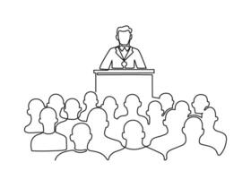 Lector man speech behind podium, conference with audience spectator, continuous one line drawing. Speaker on tribune, teacher talking before of people back. minimalist single outline vector