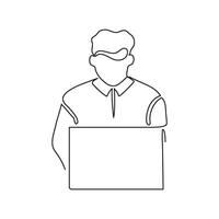 Man work on laptop, continuous one line drawing. Learning or business on computer online. Simple single minimalism outline style illustration vector