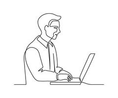 Man work on laptop, continuous one line drawing. Learning or business on computer online. Simple single minimalism outline style illustration vector