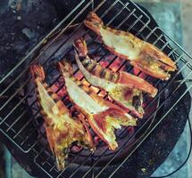 grande langostinos son metido en un hierro plancha y A la parrilla terminado un caliente carbón cocina. foto