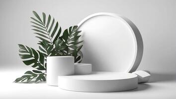 Abstract minimal scene with geometric forms cylinder podium in white background with leaves photo