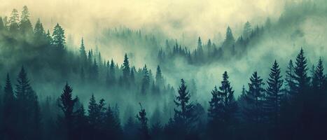 a forest filled with lots of green trees covered in a blanket of fog and smoggy skies with mountains in the distance photo