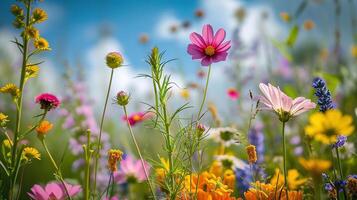 hermosa flores silvestres en un verde prado. calentar verano día foto