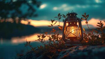 Chinese glowing lantern with red flames inside photo